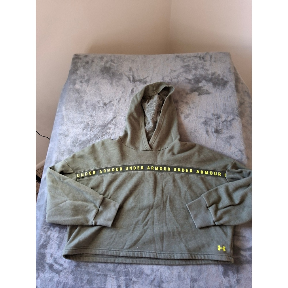 Under Armour Womens XS Green Cropped Hoodie Logo Tape Fleece Pullover Loose Fit